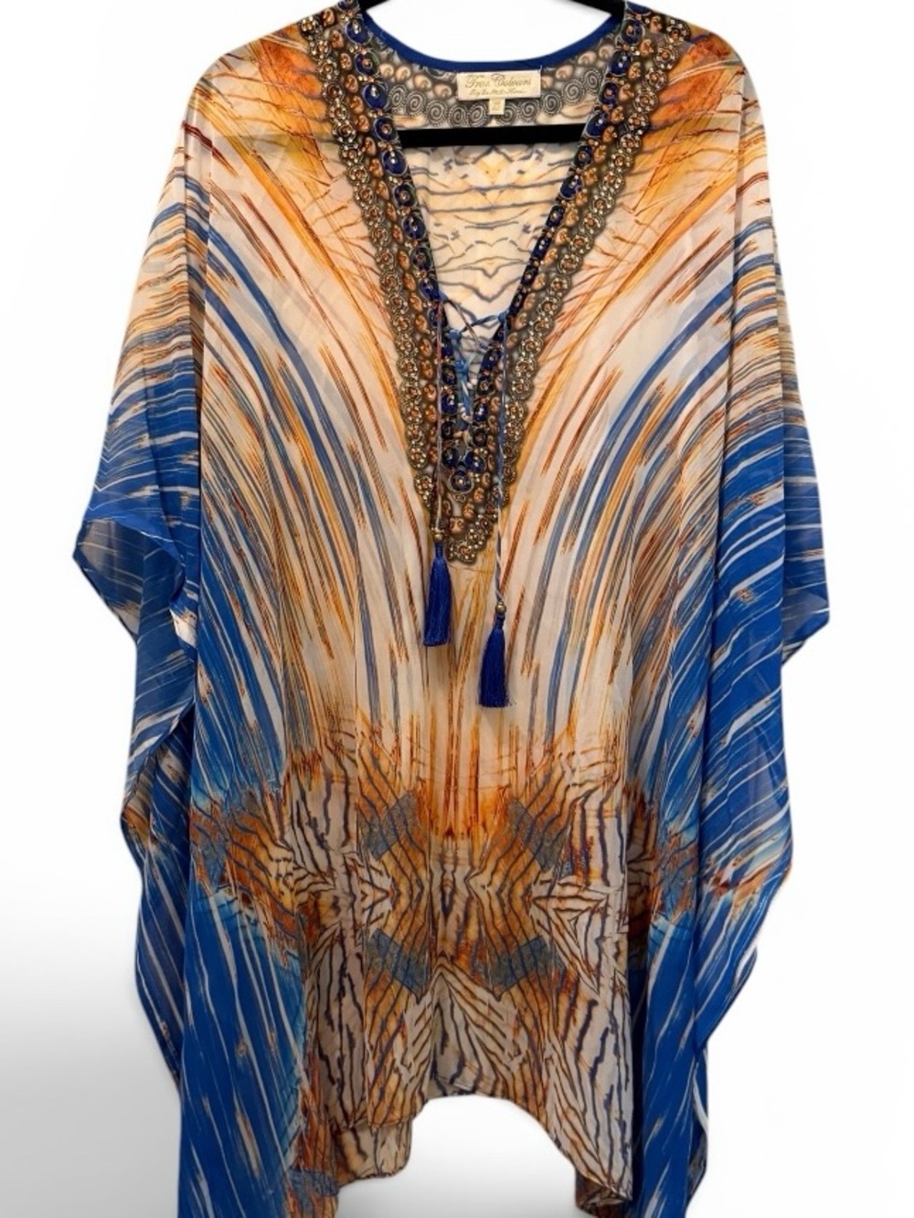 Embellished Blue & Orange Women's Swim Coverup Kaftan one size